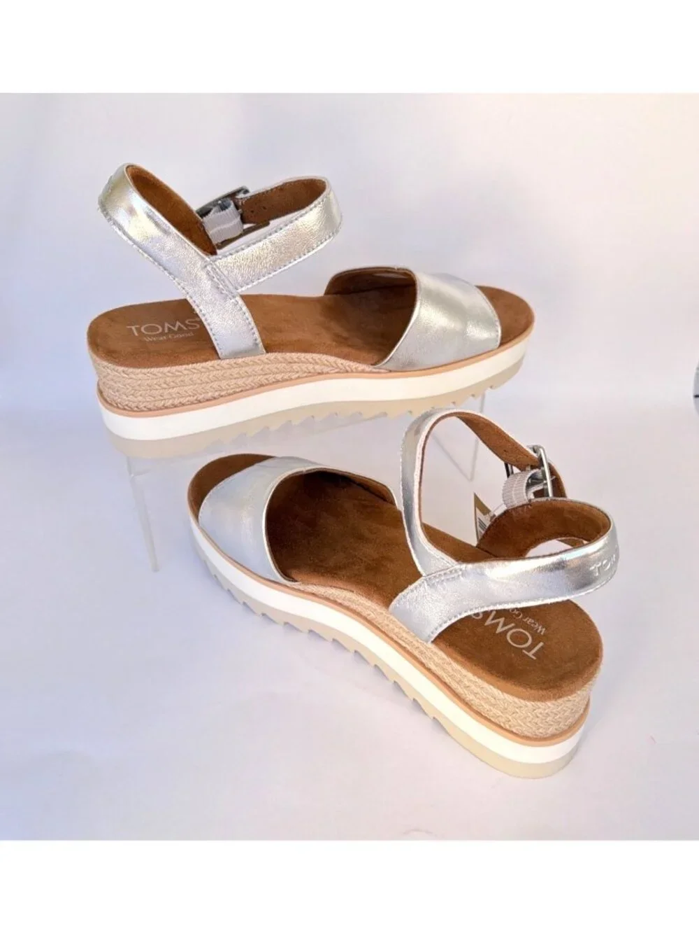 TOMS Diana Platform Wedge Sandals Silver Metallic Nappa Leather Women Size 9.5